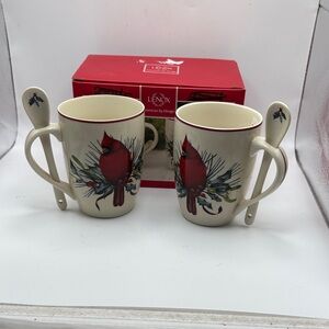 2 Lenox “Winter Greeting’s” Cocoa Mugs With Spoons